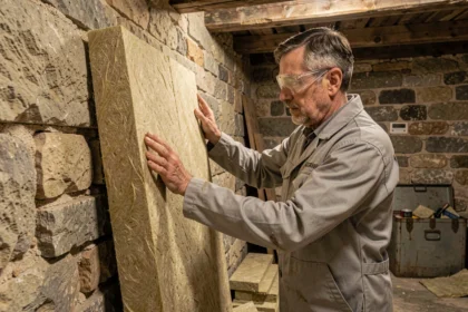 Artisan posant des panneaux de laine minérale sur un vieux mur en pierre pour isoler un logement ancien
