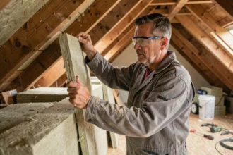 Artisan installant des panneaux d'isolation thermique dans un grenier en cours de rénovation énergétique