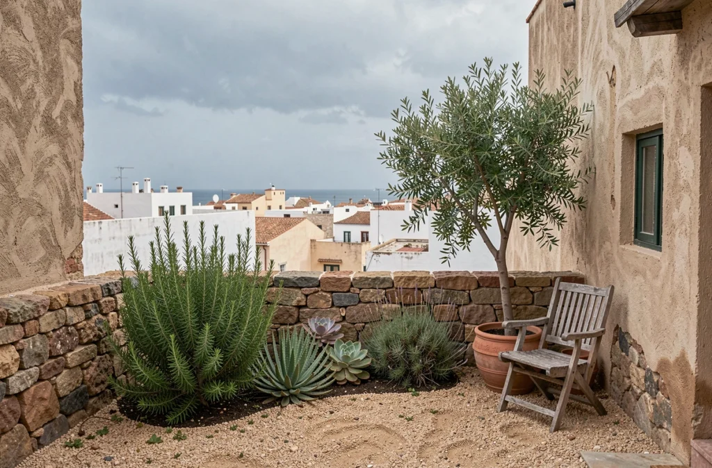 Petit jardin privé avec plantes méditerranéennes et mur en pierre typique d'une maison à louer à Essaouira au Maroc