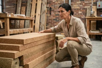 Architecte examinant des matériaux écologiques comme le liège et le chanvre dans un atelier de rénovation