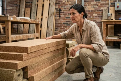 Architecte examinant des matériaux écologiques comme le liège et le chanvre dans un atelier de rénovation