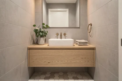 Meuble vasque en chêne clair avec robinet en laiton brossé dans une salle de bains rénovée sans travaux