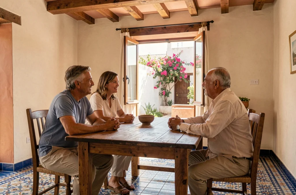 Couple d'expatriés en discussion avec un propriétaire marocain lors de la visite d'une maison à louer en longue durée à Essaouira