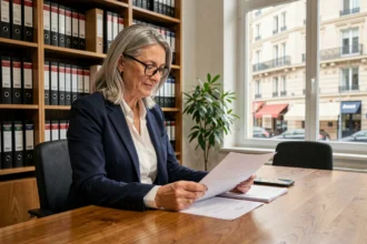 Femme de 55 ans consultant des documents de nue-propriété chez un notaire à Paris