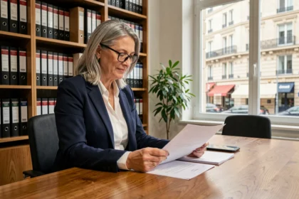Femme de 55 ans consultant des documents de nue-propriété chez un notaire à Paris