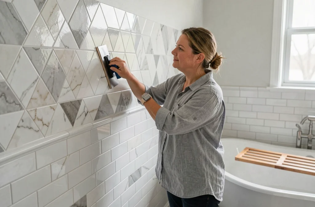 Femme posant des stickers carrelage effet marbre sur le mur d'une baignoire pour rénover la salle de bains