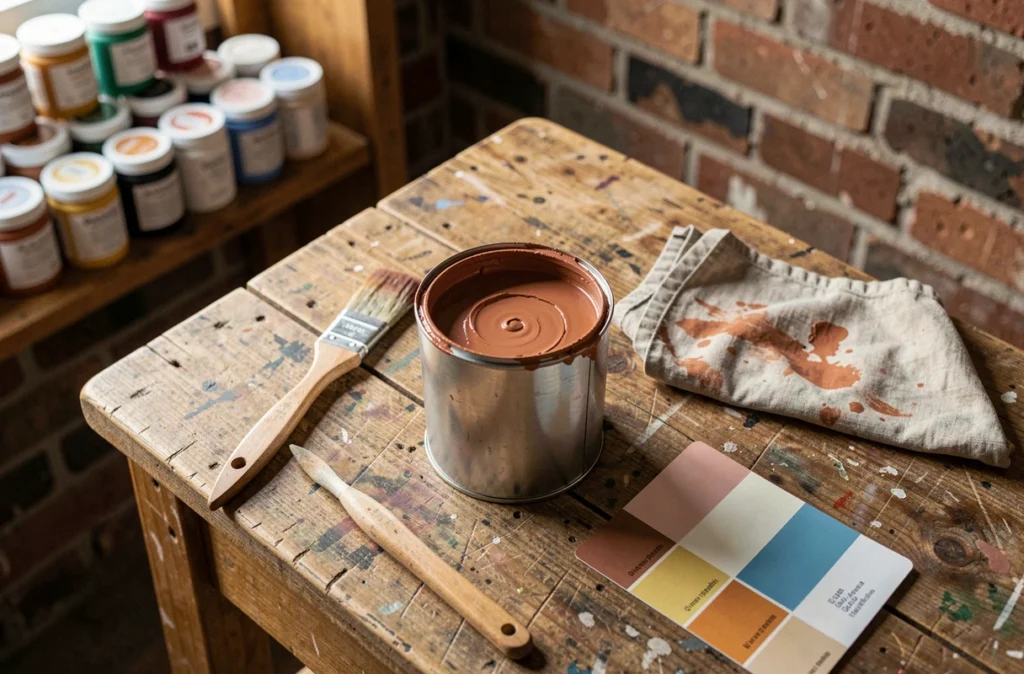 Pot de peinture terracotta ouvert entouré d'outils de peintre sur un établi en bois