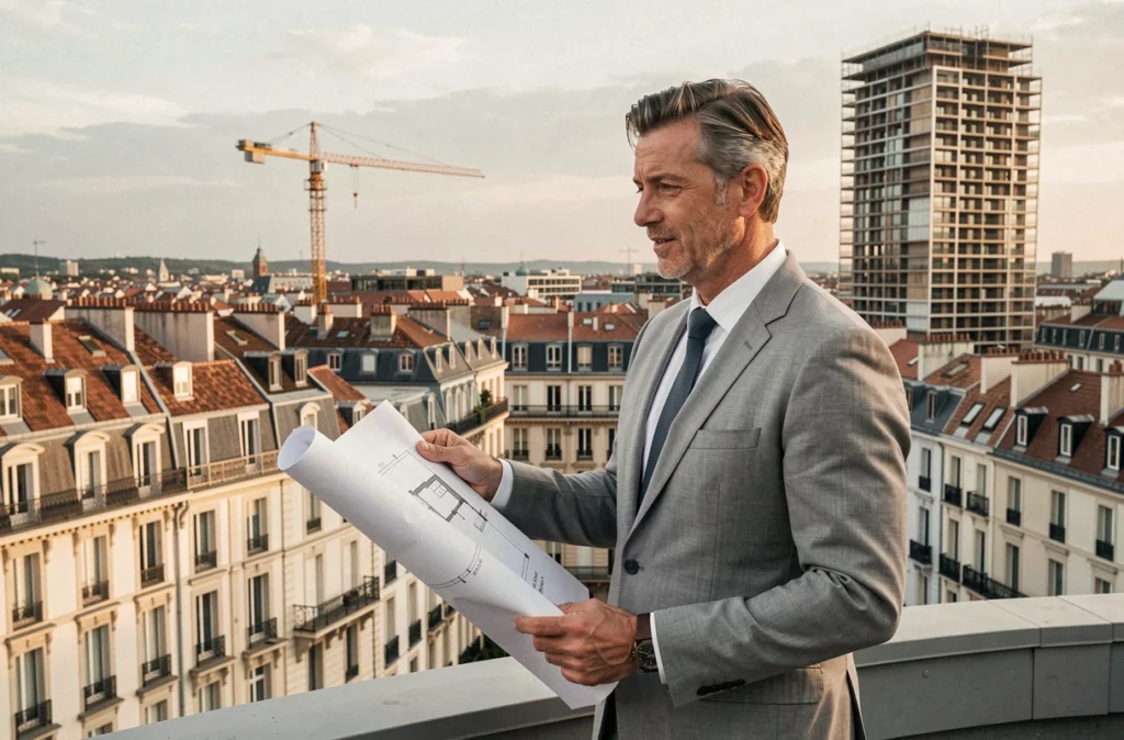 Promoteur immobilier tenant des plans architecturaux sur une terrasse avec vue sur les toits de Bordeaux