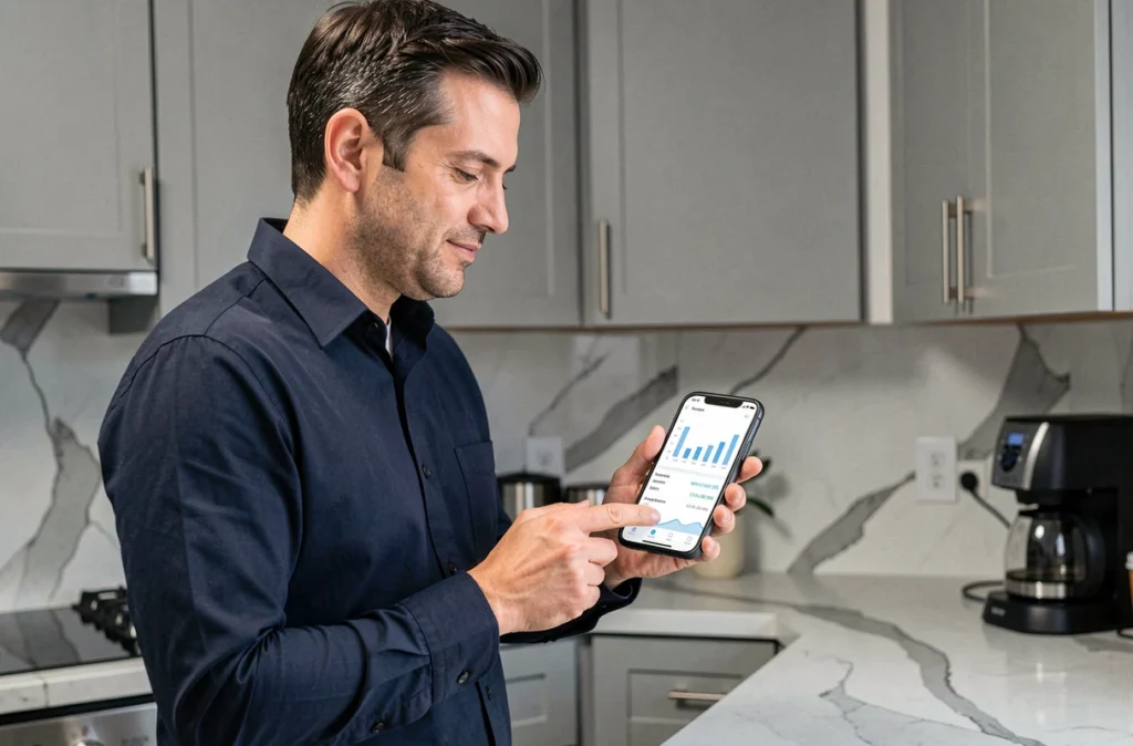 Propriétaire bailleur vérifiant ses charges et loyers sur l'application mobile MyFoncia depuis sa cuisine