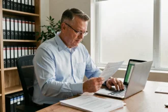 Propriétaire étudiant des documents fiscaux liés à la location meublée non professionnelle dans un bureau à domicile