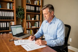 Propriétaire assis à un bureau consultant des documents fiscaux pour transformer sa résidence principale en bien locatif