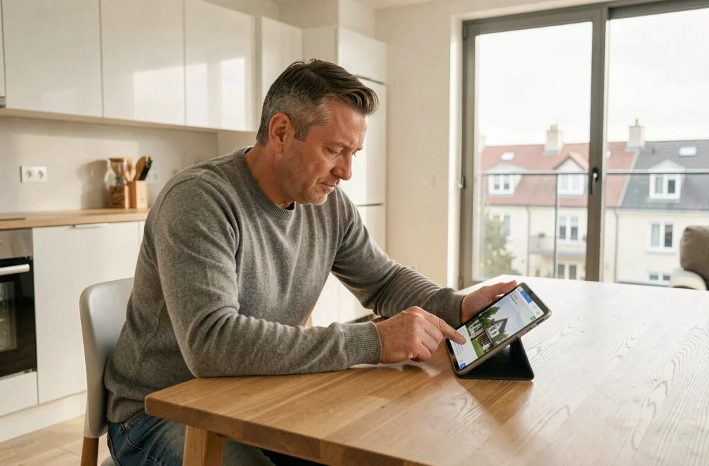 Propriétaire utilisant un outil d'estimation immobilière gratuit sur tablette chez lui
