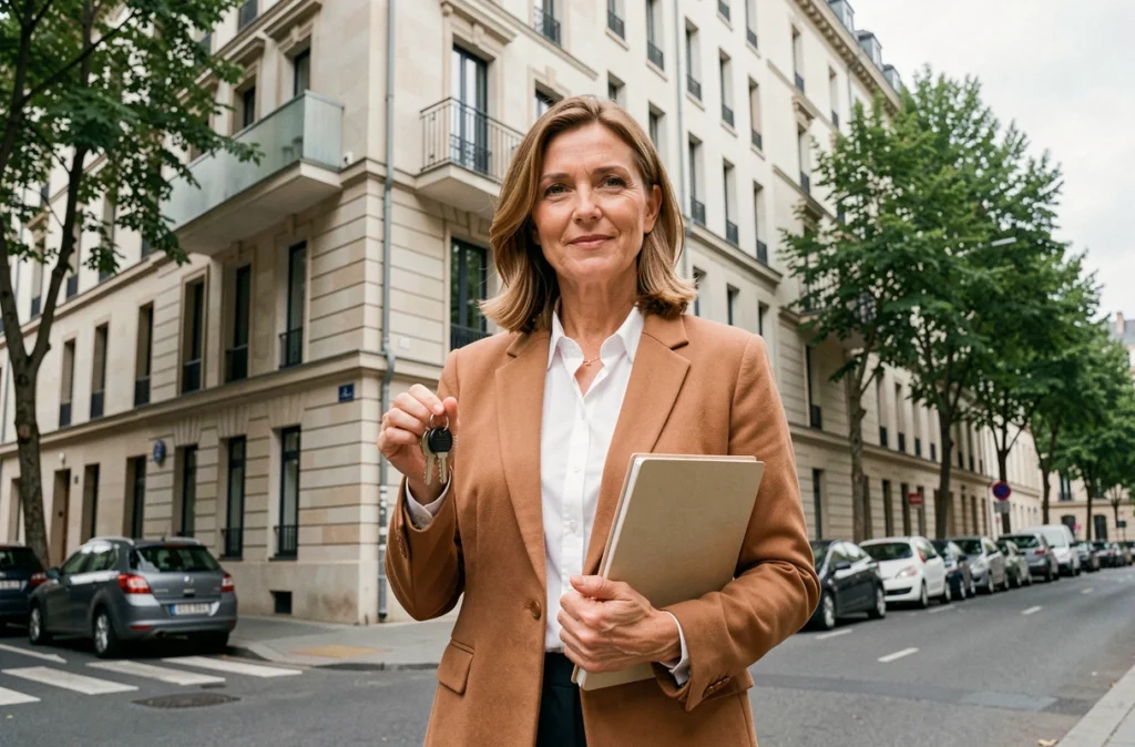 Femme propriétaire devant un immeuble tenant des clés symbolisant la mise en location de son appartement