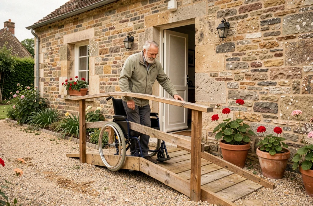 Homme senior utilisant une rampe d'accès en bois installée à l'entrée d'une maison de campagne adaptée aux personnes à mobilité réduite