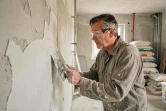 Artisan en train d'enduire un mur lors d'une rénovation d'appartement locatif