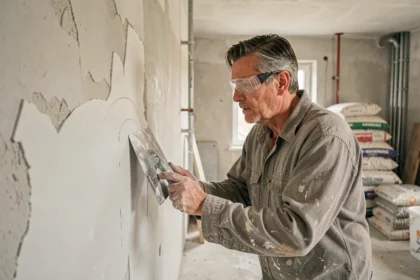 Artisan en train d'enduire un mur lors d'une rénovation d'appartement locatif