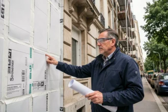 Architecte inspectant les travaux d'isolation thermique par l'extérieur d'une copropriété haussmannienne en rénovation énergétique