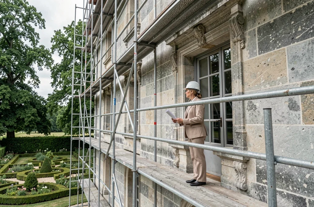 Architecte inspectant la restauration d'un château classé monument historique en France rurale