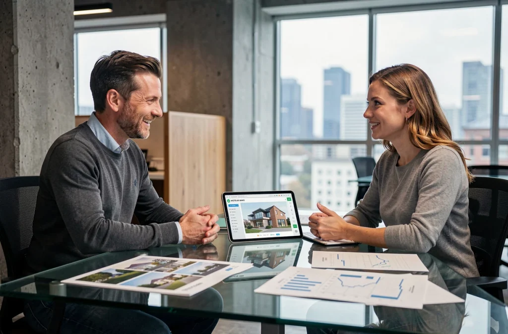 Deux professionnels de l'immobilier analysant des projections financières et une interface d'investissement dans un espace de coworking moderne