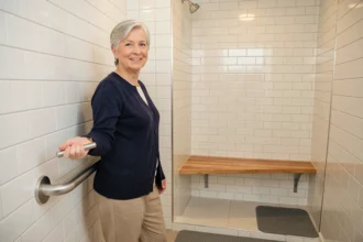 Femme senior tenant une barre d'appui dans une salle de bain adaptée avec douche à l'italienne et revêtement antidérapant