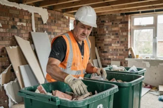 Ouvrier du bâtiment triant des déchets de démolition dans des bennes colorées sur un chantier de rénovation intérieure