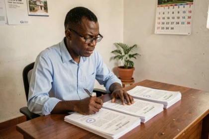 Homme sénégalais examinant des documents administratifs pour la vente d'un appartement dans un bureau de notaire à Dakar