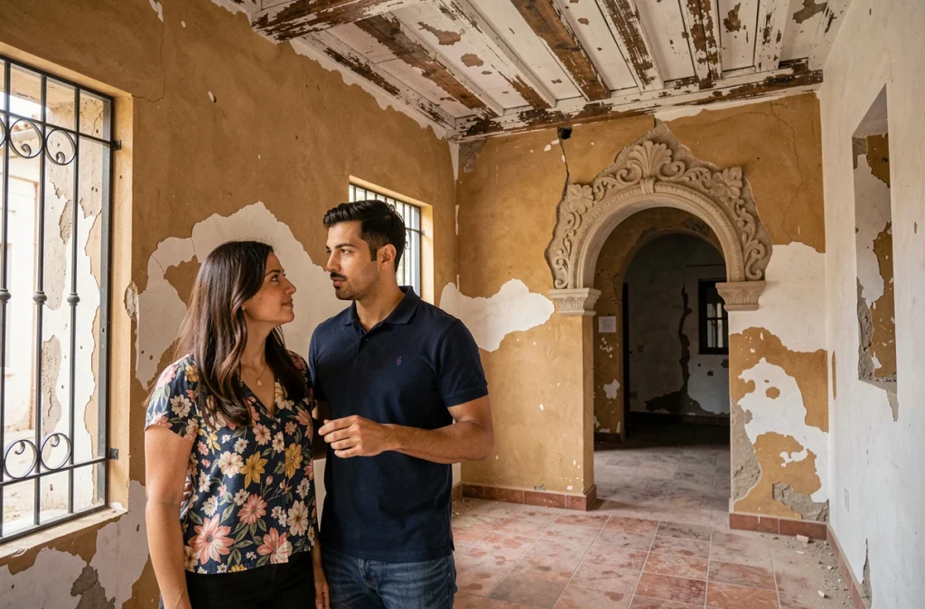 Couple visitant un riad à rénover à Marrakech pour estimer le budget de rénovation avant achat