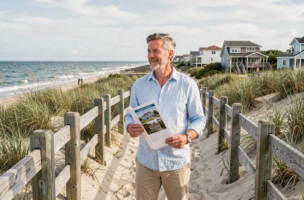 Agent de l'Agence Beaufort côté Plage sur un chemin d'accès à la plage avec des maisons de bord de mer en Vendée