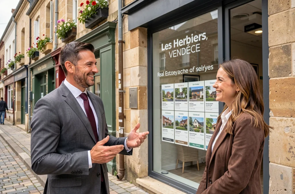 Agent de l'agence l'Adresse Les Herbiers accueillant des clients devant la vitrine de l'agence