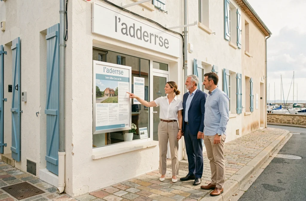 Deux agents de l'Adresse Saint-Gilles-Croix-de-Vie devant la vitrine de l'agence au bord de la mer