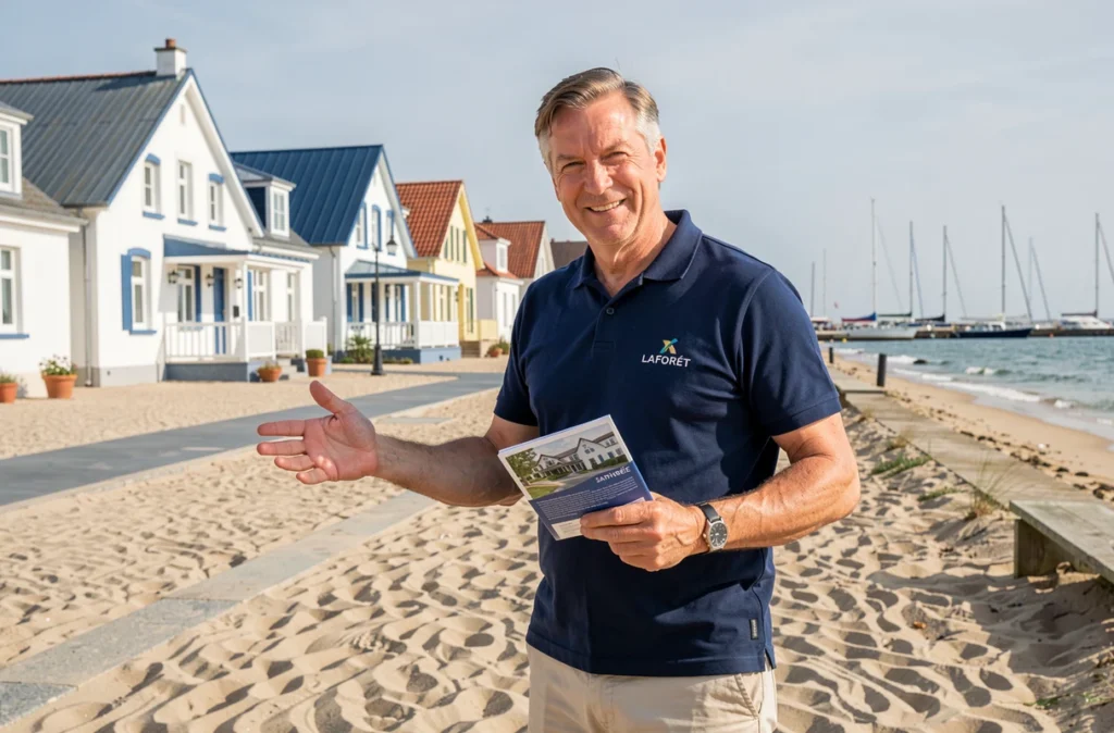 Agent Laforêt immobilier présentant des biens sur le front de mer de Saint-Gilles-Croix-de-Vie