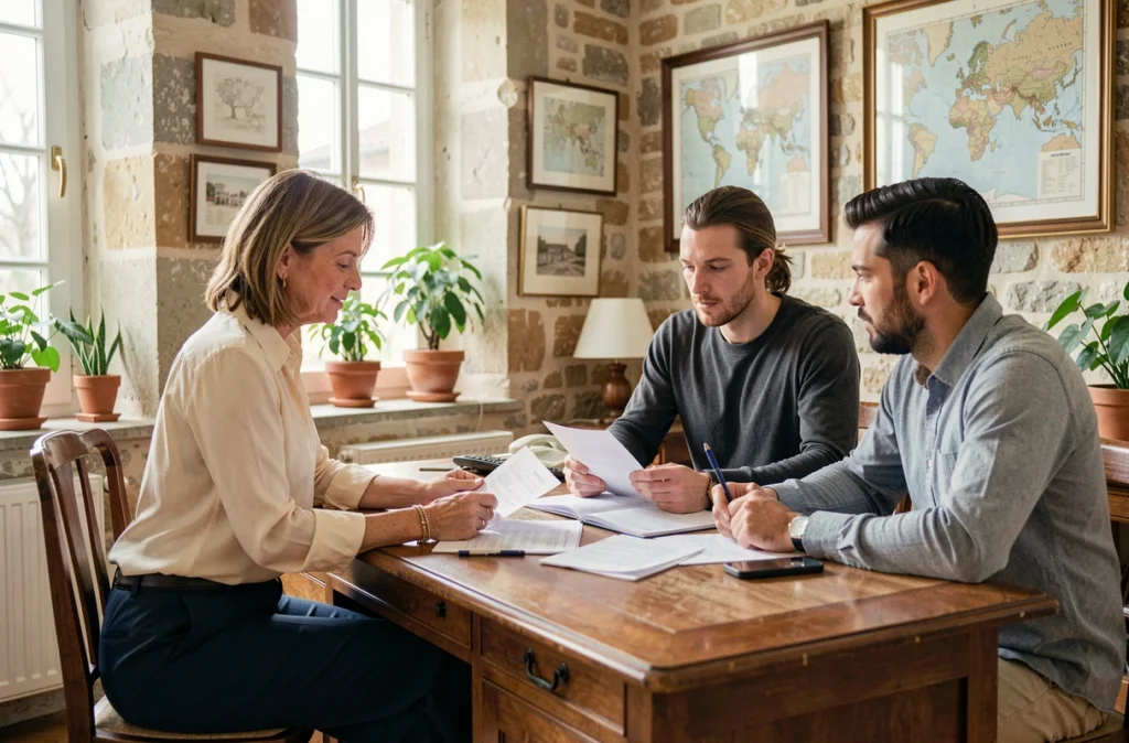 Agente immobilière d'Avis Immobilier Fontenay-le-Comte en consultation avec un couple dans les bureaux de l'agence