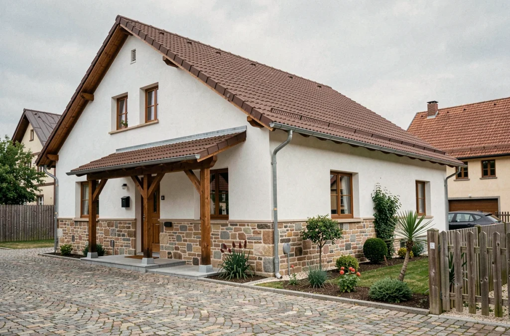 Construction Bâtiment Général de l'Est en Moselle, maison traditionnelle avec soubassement en pierre, enduit blanc et toit en tuiles brunes