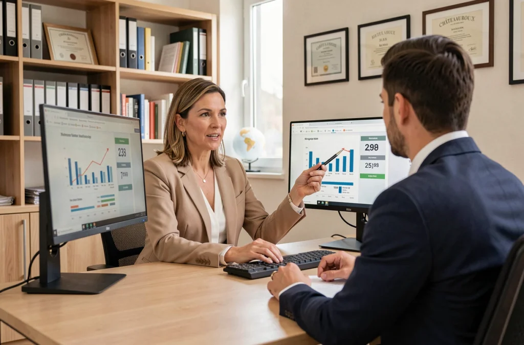 Conseillère CBS Conseils à Châteauroux analysant des offres de crédit immobilier avec un client
