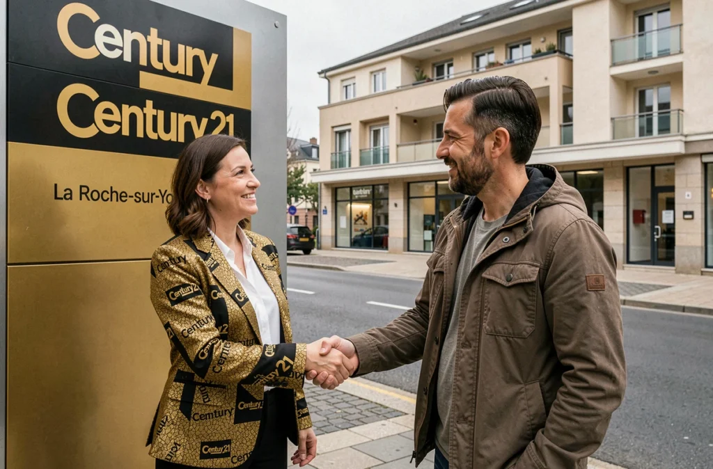 Agente Century 21 La Roche-sur-Yon signant un accord avec un client devant l'enseigne de l'agence