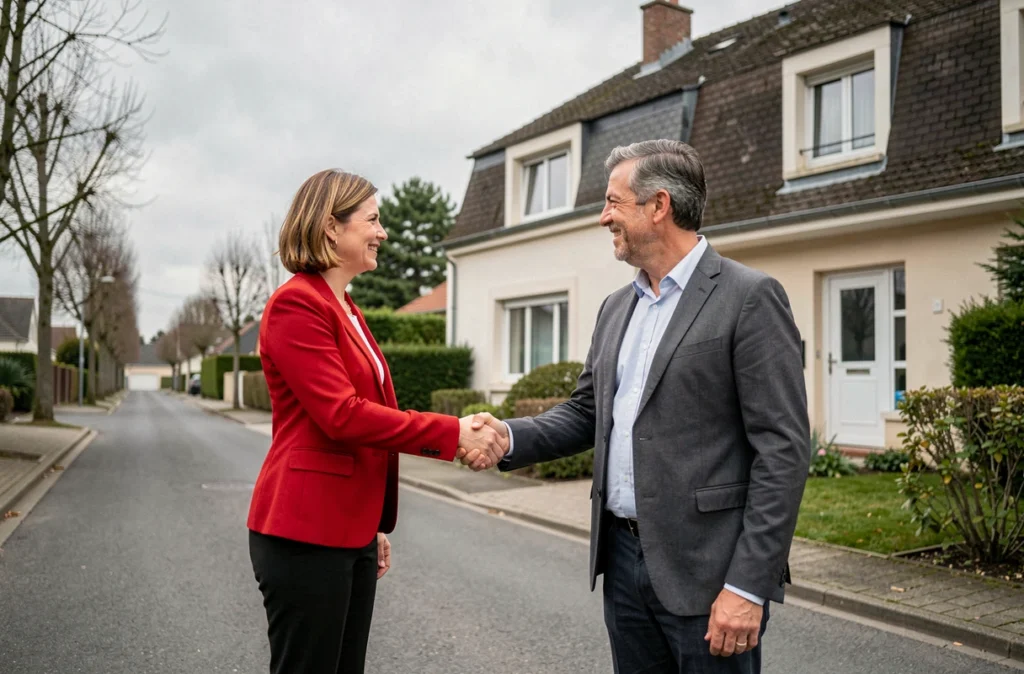 Agente Century 21 en Seine-et-Marne lors d'une remise de clés devant une maison