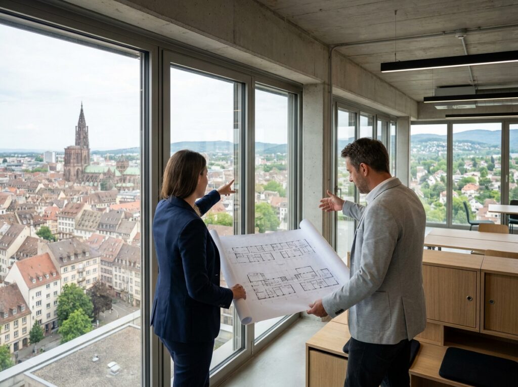Professionnels comparant des bureaux à louer à Strasbourg avec vue sur le centre-ville et la périphérie