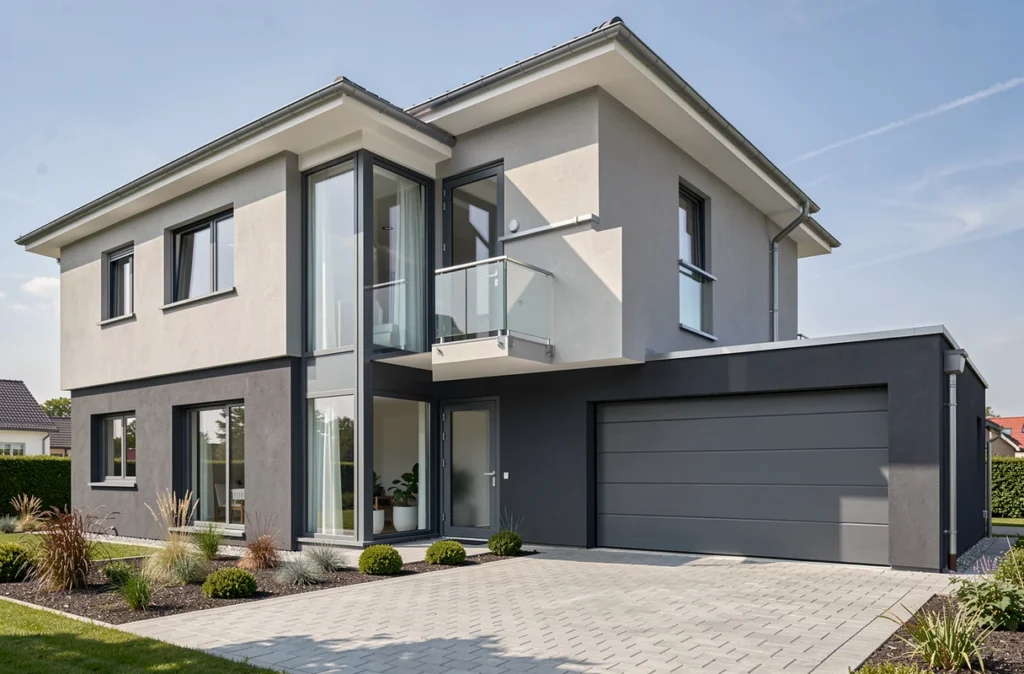 Maison spacieuse construite par Constructions Idéale Demeure en Moselle, façade bicolore gris anthracite et gris clair avec double garage intégré