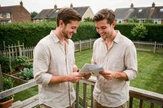 Couple de locataires consultant des documents sur la terrasse d'une maison avec jardin à louer à 600 euros