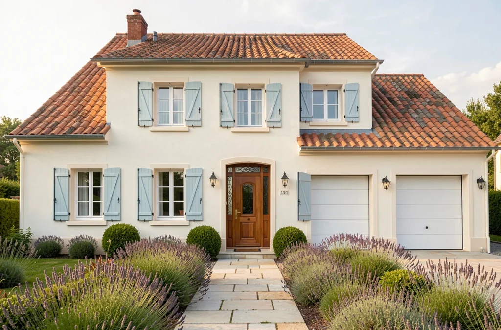 Maison Demeures Caladoises agence Moselle, inspiration provençale avec enduit blanc crème, volets bleus et tuiles en terre cuite