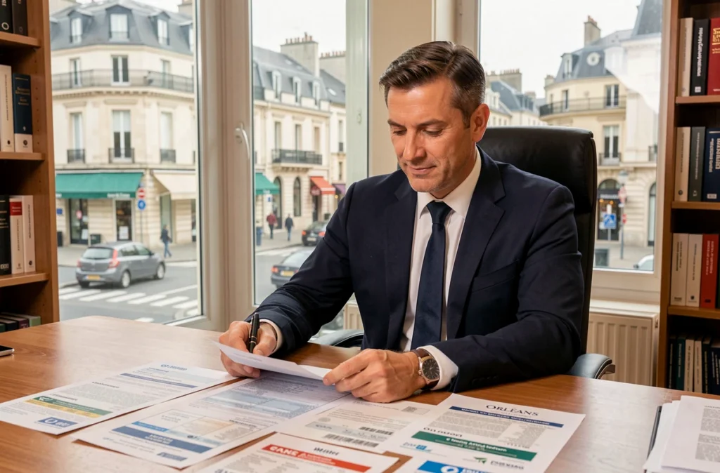 Conseiller Finance Conseil Orléans étudiant un dossier de prêt immobilier dans son bureau