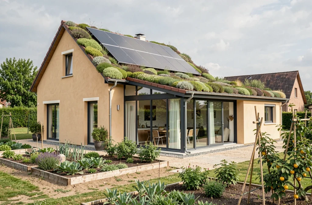Maison écologique construite par Habitat Concept en Moselle, véranda vitrée, toiture végétalisée et panneaux photovoltaïques