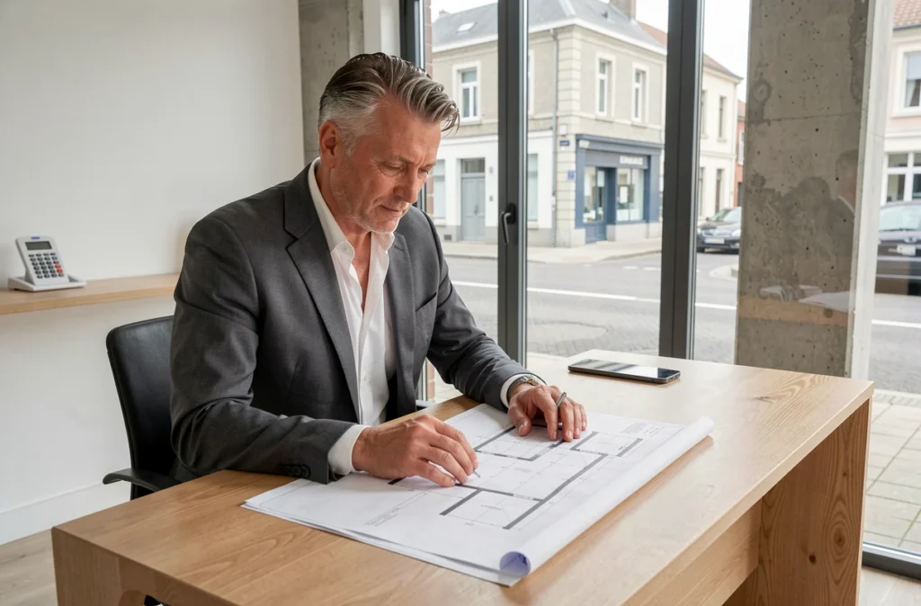Agent principal de Jacob Immobilier en réunion dans les bureaux modernes de l'agence en Vendée