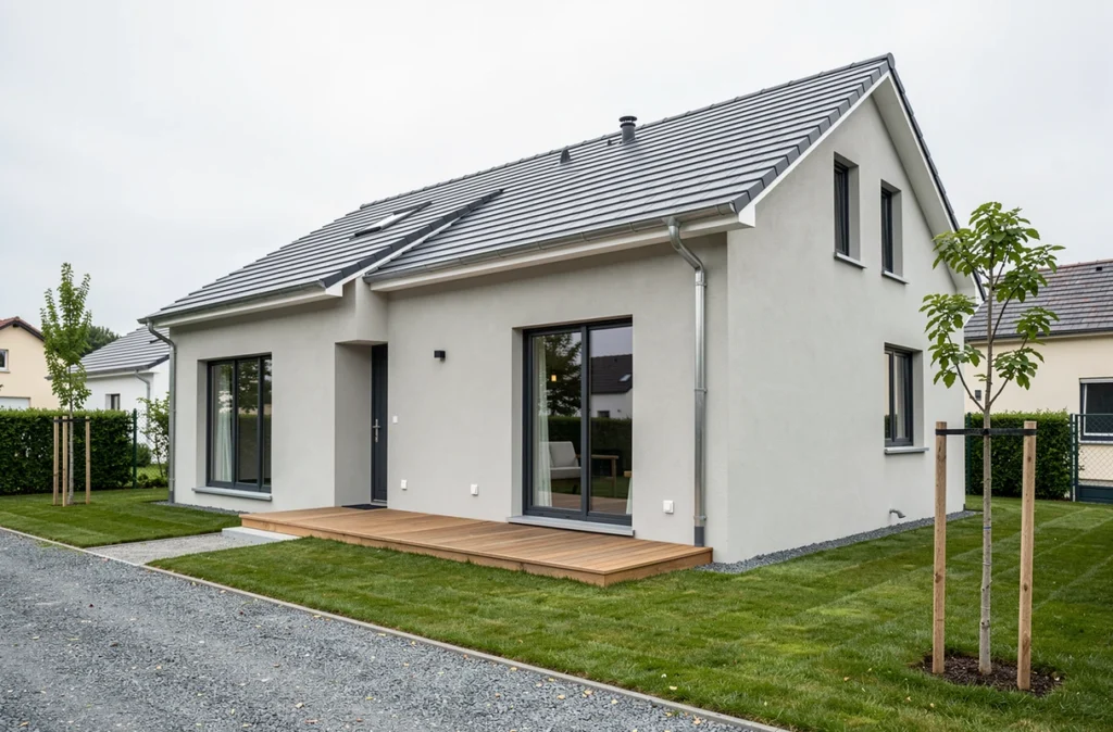 Maison individuelle construite par Babeau-Seguin en Moselle, façade contemporaine en enduit gris clair avec terrasse en bois