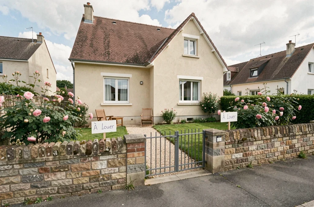 Façade d'une petite maison à louer avec jardin en banlieue française affichant un panneau À Louer