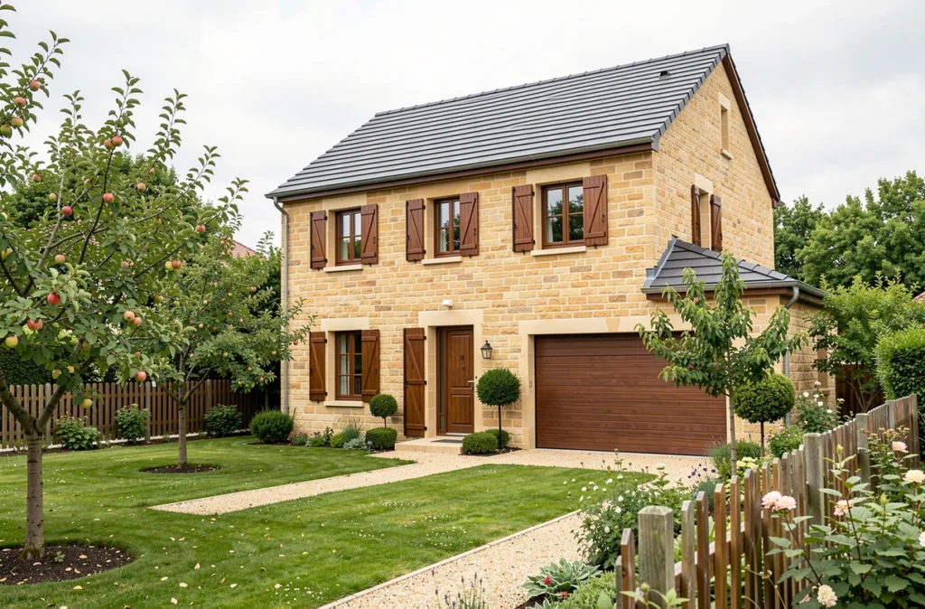 Maison familiale construite par Maisons Claude Rizzon en Moselle, façade en enduit ton pierre avec volets bois et jardin arboré