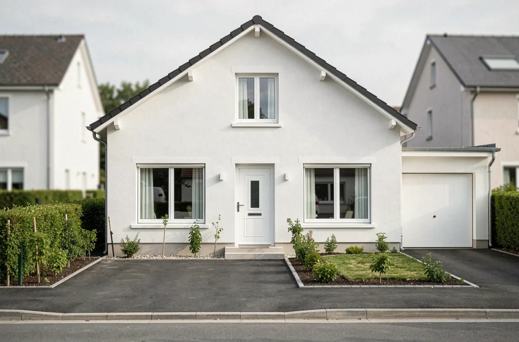 Maison Maisons Phénix en Moselle, pavillon classique symétrique avec façade blanche et garage attenant dans un lotissement résidentiel