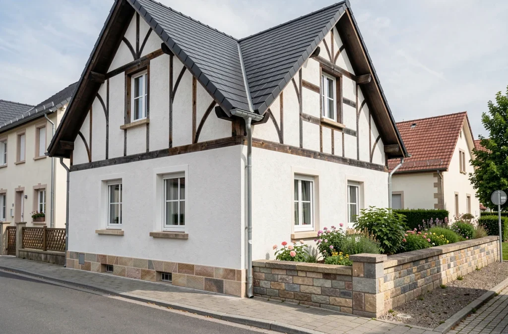 Maison traditionnelle Maisons Socoren en Moselle, façade blanche avec colombages décoratifs et pierres naturelles en encadrement de porte