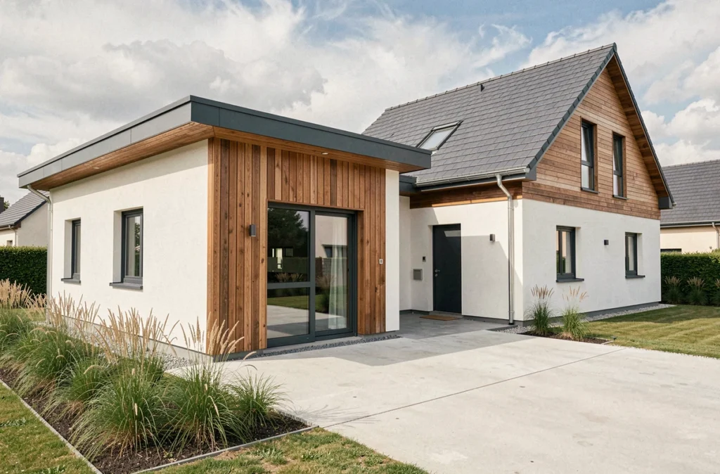 Maison neuve Maisons Vesta en Moselle, combinaison de toit plat et toit traditionnel, bardage bois et menuiseries anthracite