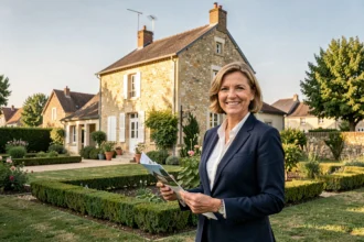 Agent immobilier professionnelle devant une maison de caractère en Seine-et-Marne
